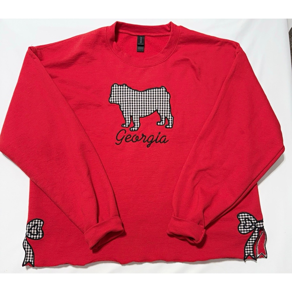Gildan Heavy Blend Red Crew Neck Pullover Bulldog Gingham Embroidered Women L